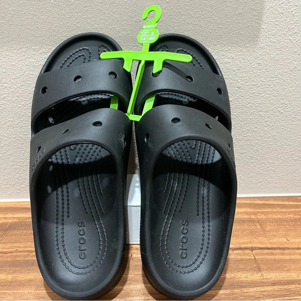 CROCS Classic Logo Women 9 / Men 7 Black Double Straps Slides Sandals NWOT - Picture 4 of 8